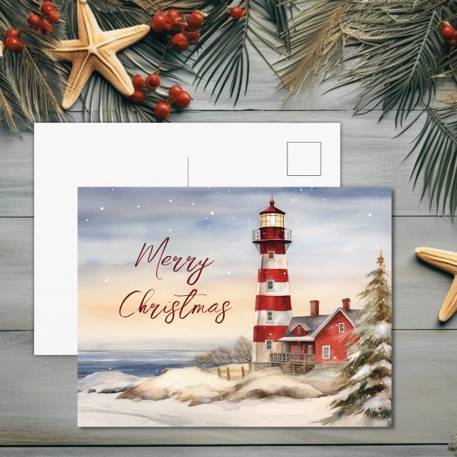 Schöne Winter Lighthouse Szene Frohe Weihnachten (Beautiful Winter Lighthouse Scene Merry Christmas Holiday Postcard)