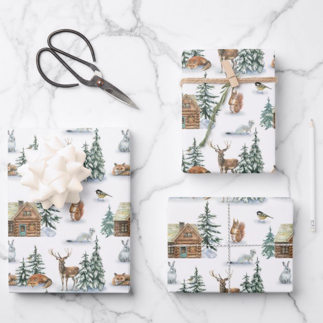 Schöne Wintertiere in einer rustikalen Hütte Geschenkpapier Set (Vorderseite)