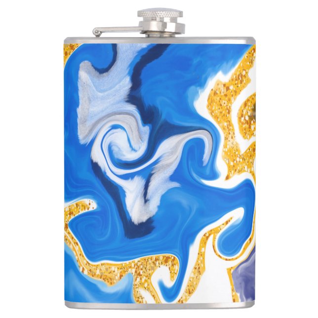 Schöne Wirbel wie Wasser, Blau, Gold und Weiß Flachmann (Vorderseite)