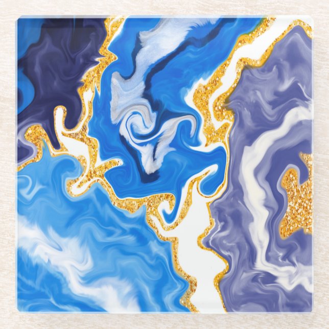 Schöne Wirbel wie Wasser, Blau, Gold und Weiß Glasuntersetzer (Vorderseite)