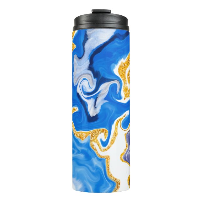Schöne Wirbel wie Wasser, Blau, Gold und Weiß Thermosbecher (Vorderseite)