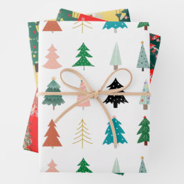 Schöne Xmas Muster Bäume Santa rot-weiß grün Geschenkpapier Set