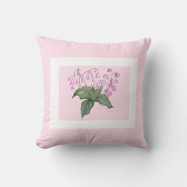 Schöne, zarte Pink Bell Blume mit grünem bkgd Kissen (Vorderseite)