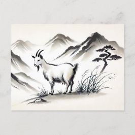 Schöne Ziege auf der Wiese mit den Bergen Feiertagspostkarte