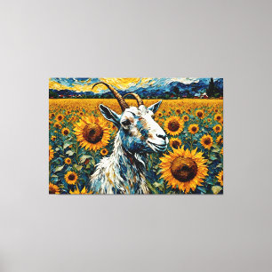Schöne Ziege auf einem Sonnenblumenfeld Leinwanddruck