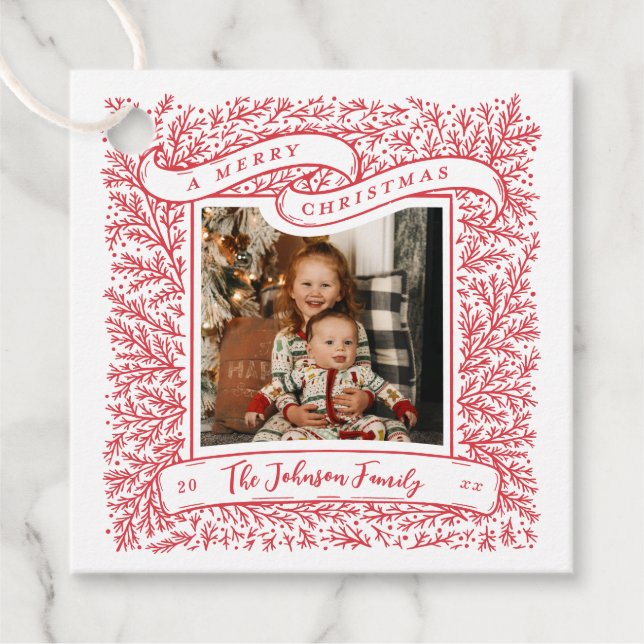 Schönen Branchen Rot und Weiß Foto Weihnachten Geschenkanhänger (Vorderseite)