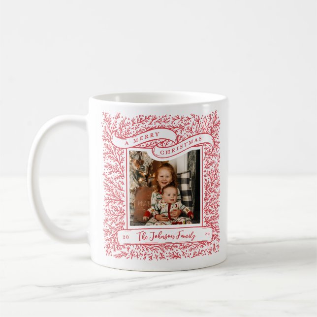 Schönen Branchen Rot und Weiß Foto Weihnachten Kaffeetasse (Links)