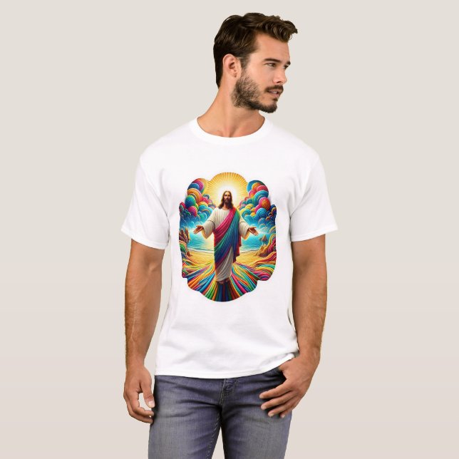 Schöner 2-seitiger Jesus mit Blick auf den farbenf T-Shirt (Vorne ganz)