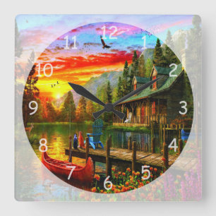 Schöner Abend Sonnenuntergang in der Hütte Quadratische Wanduhr