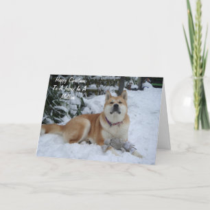 schöner akita Hund ruht im Schnee Freund Feiertagskarte