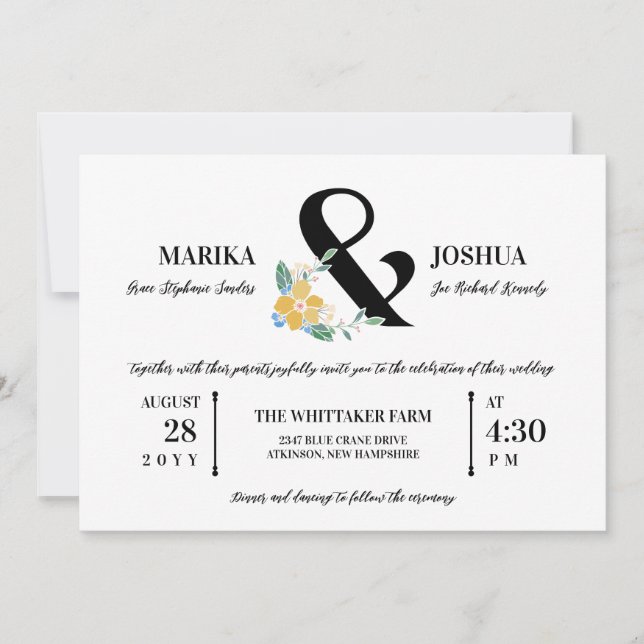Schöner Ampersand mit gelber Blume 2 in 1 Hochzeit Einladung (Vorderseite)