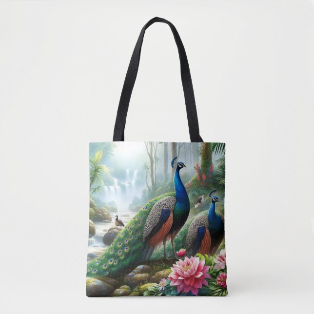 Schöner Aquamariner Blue Peacock mit Blume Tasche (Vorderseite)