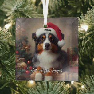 Schöner australischer Schäferhund mit Weihnachtsma Ornament Aus Glas