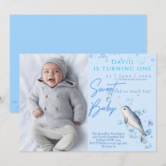 Schöner Baby-Junge Narwhal 1. Geburtstag Party Einladung (Vorne/Hinten)