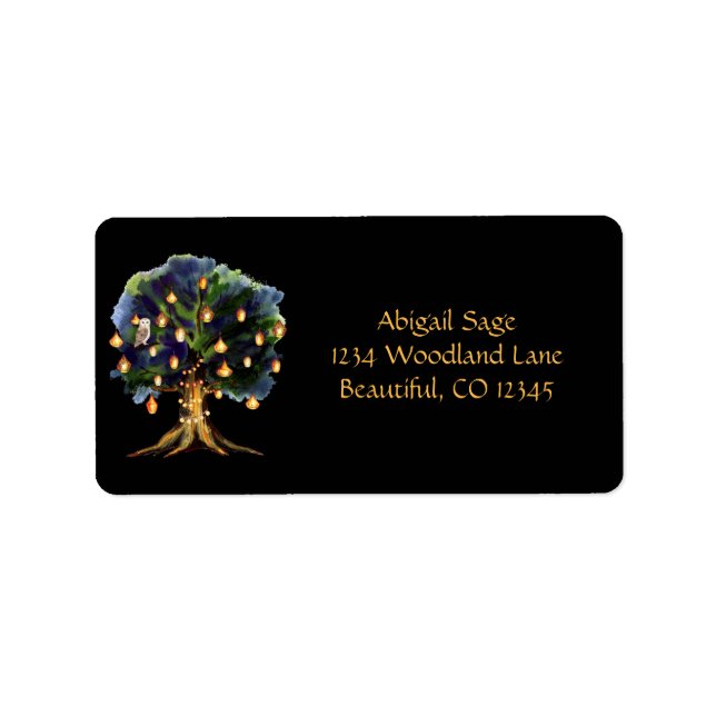 Schöner Baum mit Lanterns Woodland Owl, Fox Adressaufkleber (Vorne)