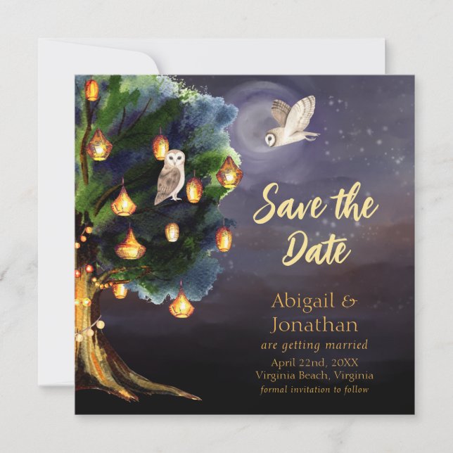 Schöner Baum mit Laternen, Mond, Eulen-Hochzeit Save The Date (Vorderseite)