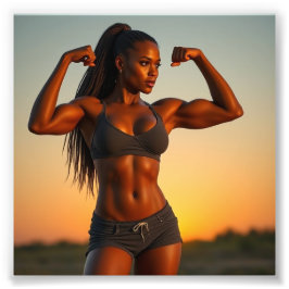 Schöner Black Babe Bodybuilder, der bei Sunset gef Fotodruck