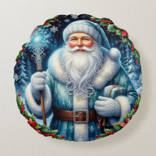 Schöner blau gekleideter Weihnachtsmann mit Winter Rundes Kissen