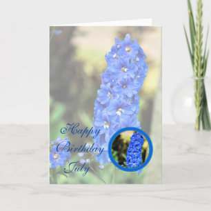 Schöner blauer Larkspur Blumen-Geburtstag Julis Karte