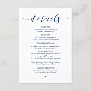 Schöner blauer Navy-Schriftart, Hochzeitdetails Begleitkarte