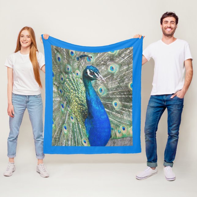 Schöner blauer Pfau mit blauer Grenze Fleecedecke (Beispiel)