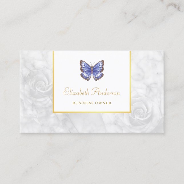 Schöner Blauer Schmetterling Elegante Rose Weißer  Visitenkarte (Vorderseite)