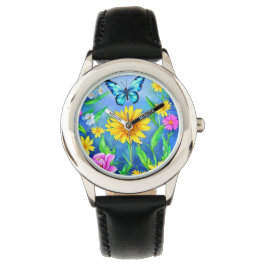 Schöner Blauer Schmetterling in einer Blume Wiese Armbanduhr