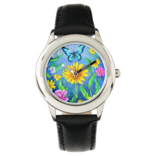Schöner Blauer Schmetterling in einer Blume Wiese Armbanduhr
