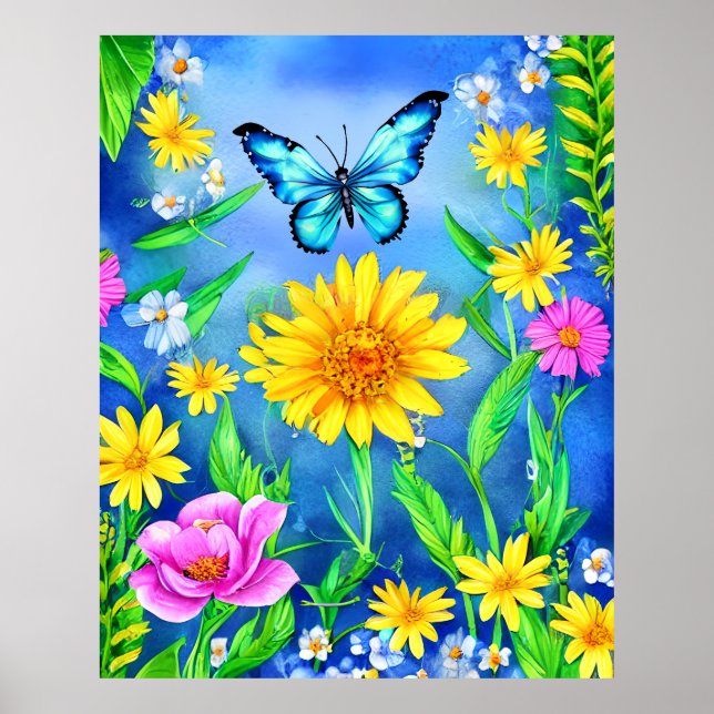 Schöner Blauer Schmetterling in einer Blume Wiese Poster (Vorne)