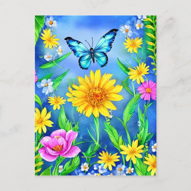 Schöner Blauer Schmetterling in einer Blume Wiese Postkarte (Vorderseite)