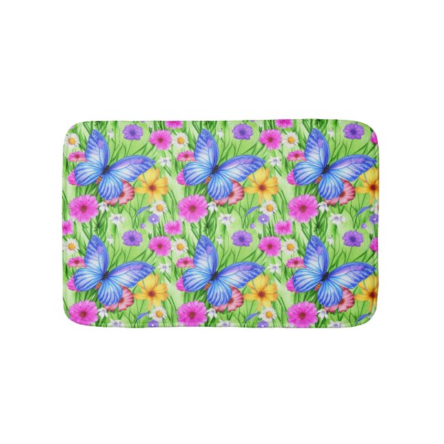 Schöner Blauer Schmetterling mit Blume Wasserfarbe Badematte (Vorderseite)