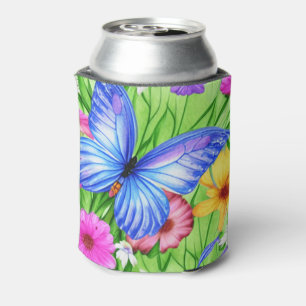 Schöner Blauer Schmetterling mit Blume Wasserfarbe Dosenkühler