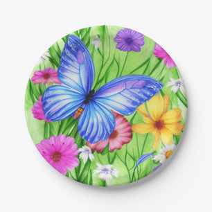 Schöner Blauer Schmetterling mit Blume Wasserfarbe Pappteller