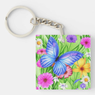 Schöner Blauer Schmetterling mit Blume Wasserfarbe Schlüsselanhänger