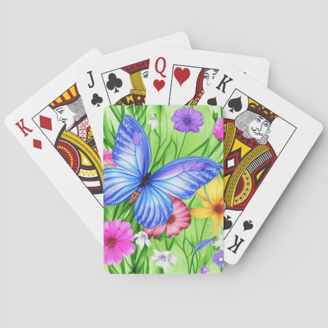 Schöner Blauer Schmetterling mit Blume Wasserfarbe Spielkarten (Rückseite)
