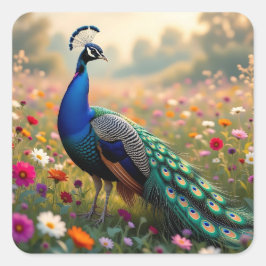 Schöner blauer und türkiser Pfau   Quadratischer Aufkleber