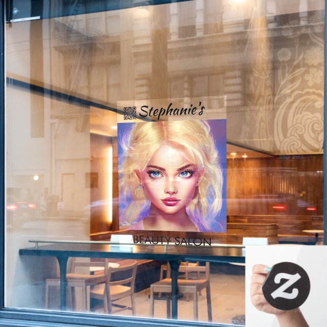 Schöner Blonde Girl Beauty Salon mit QR Code Fensteraufkleber (Café-Fenster)
