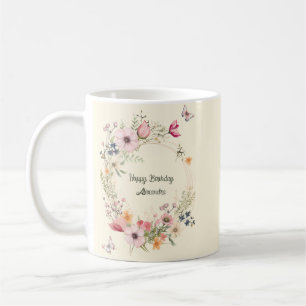 Schöner Blumenkranz und Schmetterlinge zum Geburts Kaffeetasse