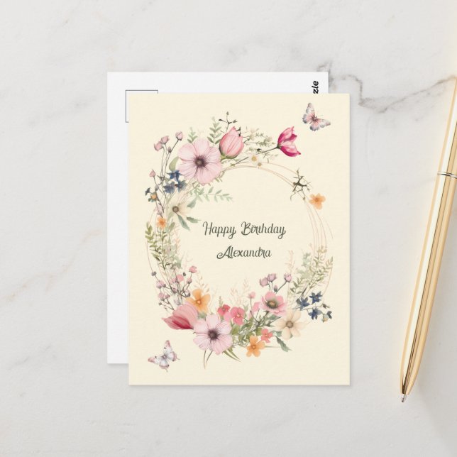 Schöner Blumenkranz und Schmetterlinge zum Geburts Postkarte (Vorderseite/Rückseite Beispiel)
