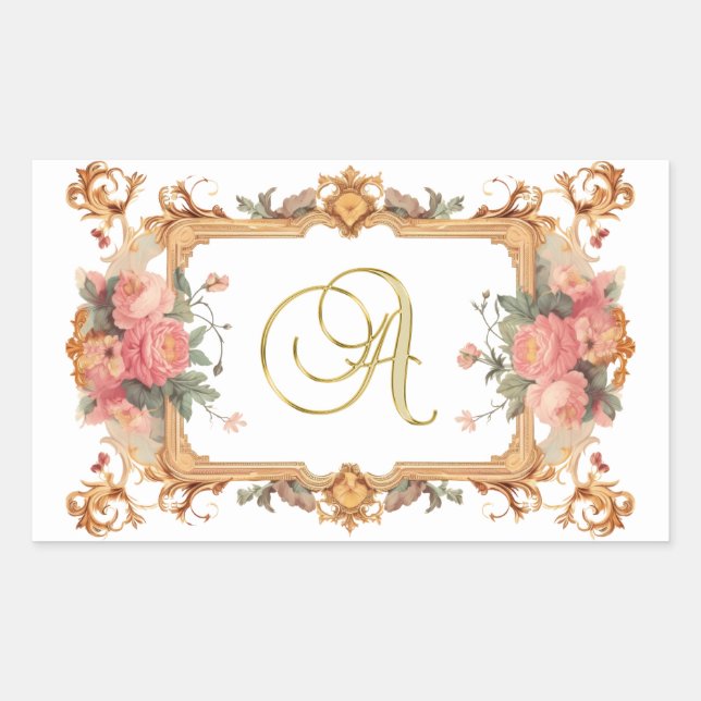 Schöner Blumenrahmen, Monogramm A, AI generiert, Rechteckiger Aufkleber (Vorderseite)