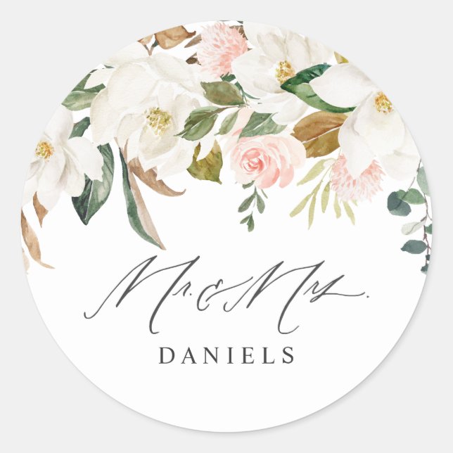 Schöner Blush & White Floral Mr & Mrs. Wedding Runder Aufkleber (Vorderseite)