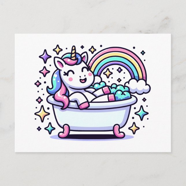 Schöner Cartoon Einhorn in einer Badewanne Postkarte (Vorderseite)