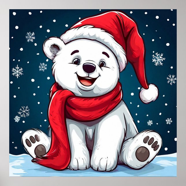 Schöner Cartoon Eisbär in Weihnachtsmannmütze Poster (Vorne)