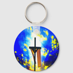 Schöner Cross Blue und gelber Himmel Schlüsselanhänger