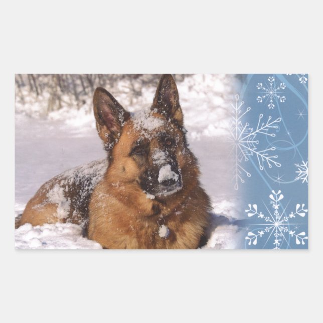 Schöner deutscher Schäferhund im Schnee Rechteckiger Aufkleber (Vorderseite)