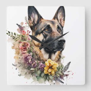 SCHÖNER DEUTSCHER SCHEPHERHERHUND MIT WILDBLUMEN QUADRATISCHE WANDUHR
