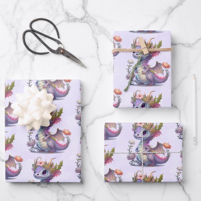 Schöner Drache mit Eleganter Krone Gemustert Geschenkpapier Set (Vorderseite)