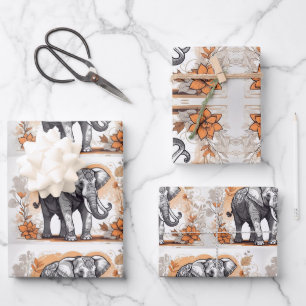 Schöner Elefant, der in gelben Blumen spaziert Geschenkpapier Set