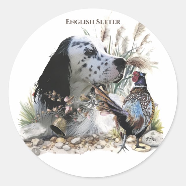 Schöner englischer Setter mit Pheasant , Kunst Runder Aufkleber (Vorderseite)