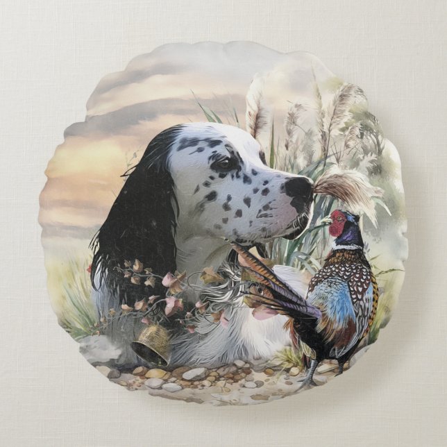 Schöner englischer Setter mit Pheasant , Kunst Rundes Kissen (Vorderseite)